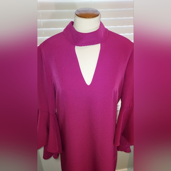 Milly Violet High Neck V Peep Front & Back Bell Sleeve Dress with Small Flaw - Picture 2 of 11